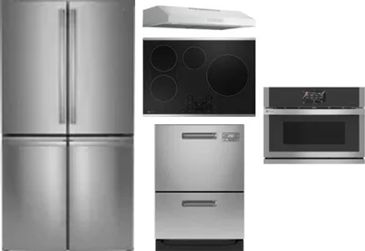 5 Piece Package Includes Refrigerator, Cooktop, Wall Oven, Hood And Dishwasher